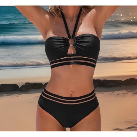 Cupshe Women 2PC Black Bikini Swimsuit L Halter Neck O Ring Cutout High Waist - Picture 1 of 8
